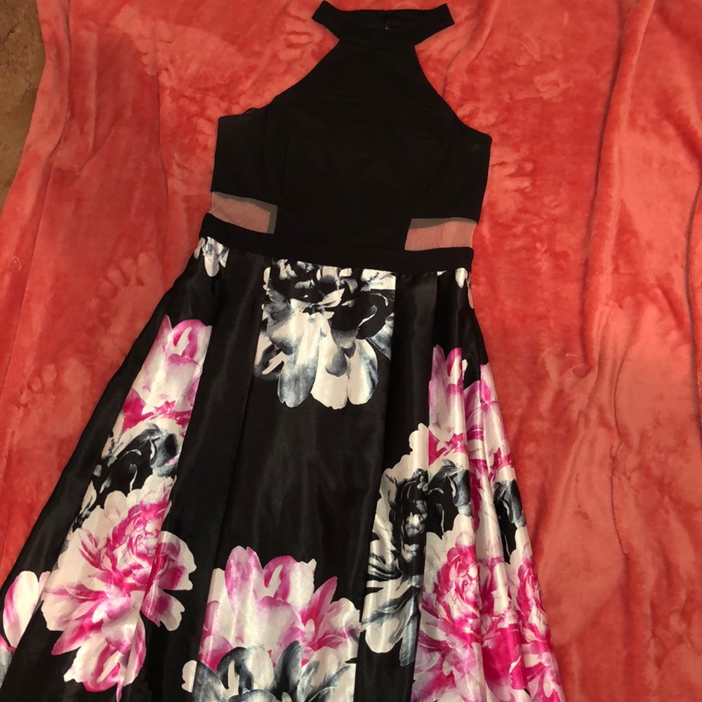 Black and floral satin prom dress